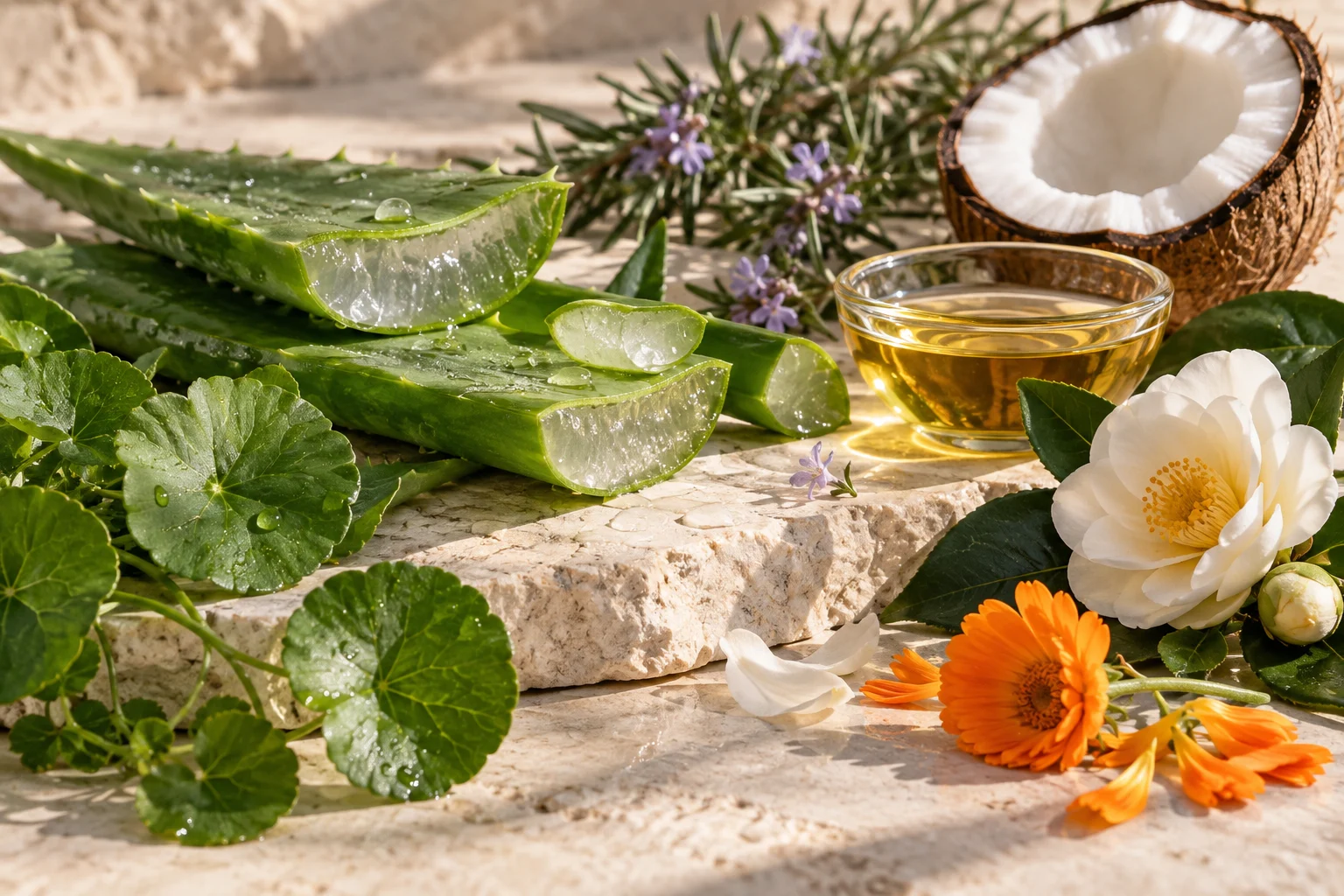 Botanical ingredient inspiration with aloe vera, centella, rosemary, camellia, coconut and golden oil