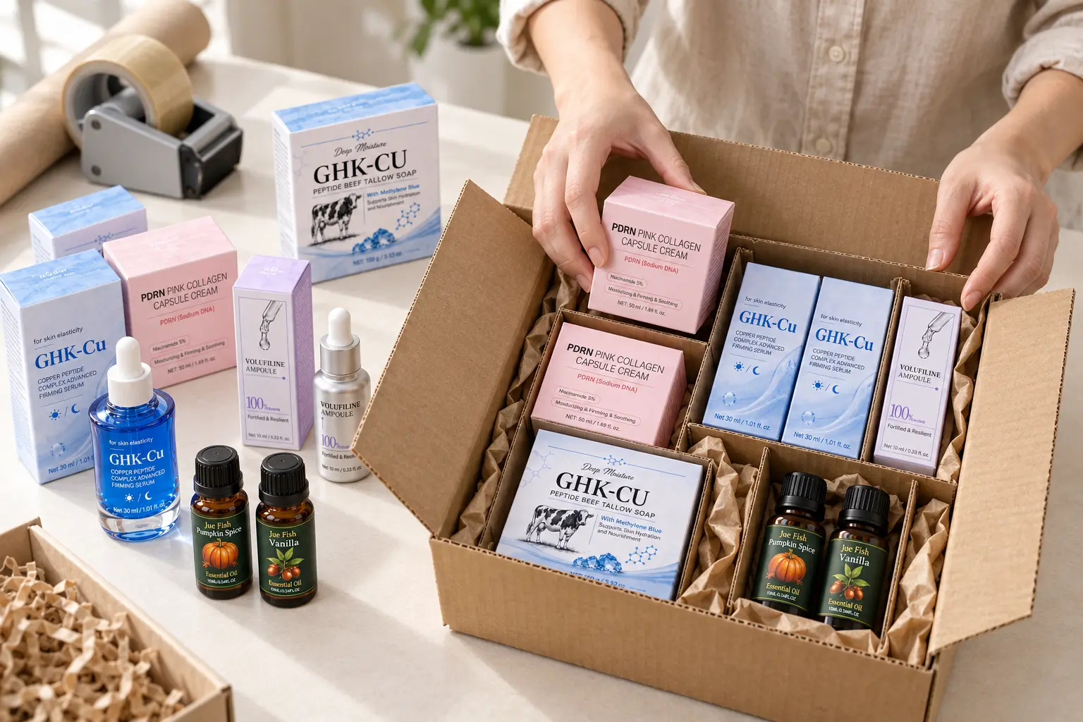 Mixed ready-stock personal care products being packed for shipment
